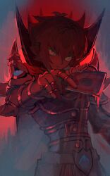 Rule 34 | 1boy, absurdres, armor, cape, card, closed mouth, commentary request, dark persona, enri (12kuro21), gauntlets, hair between eyes, highres, holding, holding card, male focus, outstretched arm, pauldrons, red theme, short hair, shoulder armor, shoulder spikes, solo, spiked armor, spikes, supreme king (yu-gi-oh! gx), upper body, yu-gi-oh!, yu-gi-oh! gx, yuki judai