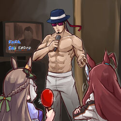 Rule 34 | 1boy, 2girls, animal ears, bow, braid, brown hair, crossed arms, ear ribbon, facial hair, fedora, goatee, hairband, half up braid, hat, highres, horse ears, horse girl, karaoke, kiryu kazuma, kuroboshi roki, kuroda takaya, mihono bourbon (umamusume), multiple girls, muscular, muscular male, music, ryuu ga gotoku (series), ryuu ga gotoku 1, satono diamond (umamusume), singing, sunglasses, topless male, trainer kuronuma, umamusume, voice actor connection
