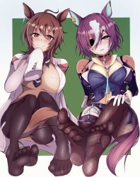 1025ridoru 2girls agnes_tachyon_(umamusume) animal_ears blush brown_hair eyepatch feet hand_on_own_knee highres horse_ears horse_girl looking_at_viewer medium_hair multiple_girls pantyhose parted_lips purple_hair red_eyes smile soles tanino_gimlet_(umamusume) toes umamusume yellow_eyes