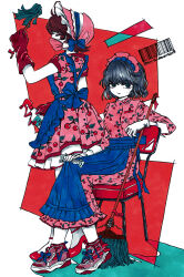 2girls apron aqua_eyes arm_rest barcode bottle bow chair cherry_print cleaning_rag dress duster food_print from_behind fruit_print gloves grey_hair high_heels highres limited_palette looking_at_another looking_at_viewer maid maid_apron maid_headdress mask mole mole_on_cheek mole_under_eye mop mouth_mask multiple_girls original pink_dress red_eyes red_hair shoes short_hair sitting smile sneakers spray_bottle twitter_username yamakita_higashi