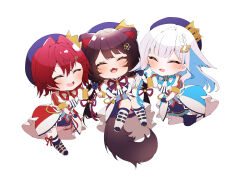 3girls ^_^ ange_katrina animal_ears beret blue_gloves blue_hair blue_hat blue_ribbon blue_shorts blue_skirt blue_socks blue_thighhighs blush boots braid brown_hair brown_tail chibi closed_eyes colored_inner_hair commentary_request crown_hat_ornament dog_ears dog_girl dog_tail fangs flower frilled_skirt frills full_body gloves group_picture hair_between_eyes hair_flower hair_intakes hair_ornament hair_ribbon hairclip hand_up hands_up hat holding_hands inui_toko jacket leg_ribbon lize_helesta long_hair low_twin_braids medium_hair miniskirt multicolored_hair multiple_girls neck_ribbon nijisanji open_mouth purple_ribbon red_hair red_ribbon ribbon sanbaka_(nijisanji) sanbaka_anniversary_outfit shigure_(sigre) short_sleeves shorts simple_background single_hair_intake single_sidelock single_wrist_cuff skirt smile socks streaked_hair tail teeth thighhighs twin_braids upper_teeth_only very_long_hair virtual_youtuber white_background white_boots white_hair white_jacket white_wrist_cuffs wrist_cuffs wrist_ribbon zettai_ryouiki