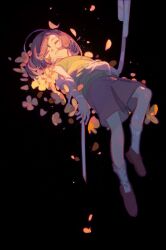 Rule 34 | 1other, bandages, black background, brown hair, brown shoes, brown shorts, chara (undertale), closed eyes, flower, green shirt, highres, lazy kun, lying, on back, orange flower, petals, shirt, shoes, short hair, short sleeves, shorts, simple background, single stripe, sleeping, socks, solo, striped clothes, striped shirt, t-shirt, teeth, undertale, white socks, yellow flower
