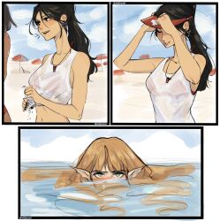 1other 2girls adjusting_clothes adjusting_headwear artist_name beach beach_umbrella black_hair blonde_hair blue_eyes commentary earrings english_commentary fins head_fins highres jewelry lifeguard mermaid midriff monster_girl multiple_girls navel original ponytail seijousai smile tank_top umbrella visor_cap water wet whistle whistle_around_neck white_tank_top