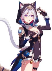 1girl animal_ear_fluff animal_ears black_choker black_dress black_gloves breasts cat_ears cat_tail choker cipher_(honkai:_star_rail) cipher_(honkai:_star_rail)_(cosplay) cleavage collarbone commentary cosplay dress fingerless_gloves gloves grey_hair highres honkai:_star_rail honkai_(series) looking_at_viewer medium_breasts medium_hair multicolored_hair open_mouth pochimaru_(marumaru_wanwan) purple_eyes red_hair simple_background skindentation standing standing_on_one_leg streaked_hair symbol-only_commentary tail thigh_strap topaz_(honkai:_star_rail) white_background white_hair