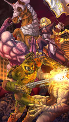1boy 1girl armor armored_dress barding blonde_hair blood blue_eyes braid breasts crossover demon doom_(series) doom_eternal doomguy double-barreled_shotgun dress fate/apocrypha fate/grand_order fate_(series) faulds firing full_armor gauntlets gun headpiece helmet highres horse jeanne_d&#039;arc_(fate) jeanne_d&#039;arc_(ruler)_(fate) long_braid long_hair medium_breasts multiple-barrel_gun plackart praetor_suit sawed-off_shotgun science_fiction shotgun shoulder_cannon shoulder_gun side-by-side-barreled_shotgun single_braid substance20 thighhighs weapon