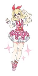 1girl :d aikatsu! aikatsu!_(series) ankle_socks blonde_hair bow bow_hairband collared_shirt full_body ginjiro_(ginjiroxx) hairband hands_up highres hoshimiya_ichigo idol_clothes long_hair looking_at_viewer open_mouth petticoat pink_shoes pink_skirt pink_vest red_bow red_eyes red_hairband shirt shoe_soles shoes skirt smile socks solo sparkle standing vest white_background white_shirt white_socks wrist_cuffs