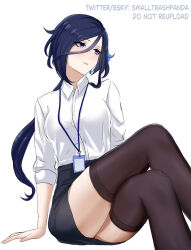 Rule 34 | 1girl, alternate costume, aya (smalltrashpanda), black skirt, black thighhighs, blue hair, clorinde (genshin impact), commentary, crossed legs, feet out of frame, genshin impact, head tilt, highres, lanyard, long hair, long sleeves, miniskirt, no headwear, pencil skirt, purple eyes, shirt, sitting, skirt, solo, thighhighs, thighs, very long hair, white shirt