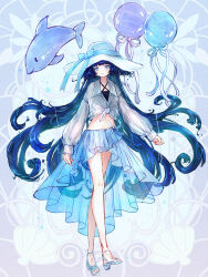 1girl balloon blue_background blue_bow blue_eyes blunt_bangs bow chain_paradox dolphin full_body hat hat_bow highres long_hair midriff sandals see-through_clothes see-through_skirt shirt skirt solo standing sun_hat tied_shirt very_long_hair watakushi_(tw) watatsumi_shizuku white_hat