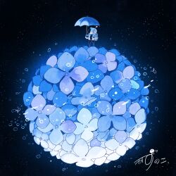 1other absurdres artist_name astronaut blue_flower bubble commentary fish flower flying_fish gloves hand_in_pocket helmet highres holding holding_umbrella hydrangea kazunoko_(kazunoko_zunoco) on_mini_planet original planet radio_antenna signature solo space space_helmet spacesuit standing star_(sky) umbrella white_gloves