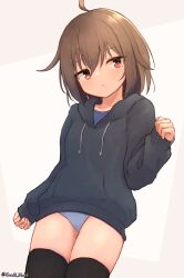 1girl :/ ahoge black_hoodie black_thighhighs blue_panties blue_shirt brown_hair centi_mnkt clenched_hands collarbone commentary_request cowboy_shot cowlick drawstring dutch_angle eye_reflection from_below hair_between_eyes highres hood hood_down hoodie light_blush long_sleeves looking_to_the_side no_pants original panties red_eyes reflection shirt short_hair simple_background sleeves_past_wrists solo thighhighs underwear white_background