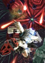 battle cable crossbone_vanguard earth_federation_space_forces energy_beam f91_gundam fake_screenshot firing gundam gundam_f91 highres hiwa_industry machinery mecha mecha_focus mobile_armor mobile_suit no_humans rafflesia_(gundam) realistic robot science_fiction space thrusters zero_gravity