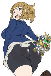 Rule 34 | 10s, 1girl, bike shorts, blue eyes, blush, breasts, brown hair, female focus, gundam, gundam build fighters, gundam build fighters try, hoshino fumina, large breasts, looking at viewer, nori (akusei shinseibutsu), open mouth, ponytail, short hair, solo, winning gundam