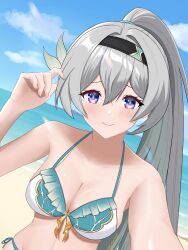 1girl absurdres alternate_costume alternate_hairstyle bare_shoulders bikini black_hairband blush breasts cleavage closed_mouth collarbone firefly_(honkai:_star_rail) green_bikini grey_hair hair_between_eyes hair_ornament hairband highres honkai:_star_rail honkai_(series) klashikari large_breasts long_hair looking_at_viewer pink_eyes ponytail smile solo swimsuit