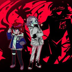 Rule 34 | 2boys, :d, absurdres, ahoge, aotsuki eito, arm up, black gloves, black hair, black pants, black shoes, blue eyes, commentary, english commentary, full body, glasses, gloves, grey hair, grey jacket, grey shoes, hand in pocket, height difference, highres, hood, hood down, hoodie, jacket, jacket over hoodie, last defense academy school uniform, male focus, multicolored hair, multiple boys, open clothes, open jacket, open mouth, outline, pants, red background, red hair, red outline, round eyewear, school uniform, shoes, short hair, smile, sparkle, spoilers, streaked hair, sumino takumi, sweat, the hundred line -last defense academy-, two-tone hair, virtubear, white hoodie, white jacket, white pants