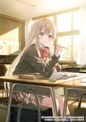 1girl absurdres arm_on_table bag black_bag black_socks blonde_hair blush book bookshelf brown_sweater chair classroom cover cover_image curtains desk double-parted_bangs hand_up hanekoto highres holding holding_pencil indoors kneehighs long_hair long_sidelocks long_sleeves looking_at_viewer novel_illustration official_art on_chair open_book otonari_no_tenshi-sama_ni_itsu_no_mani_ka_dame_ningen_ni_sarete_ita_ken parted_lips pencil school_bag school_chair school_desk school_uniform second-party_source shiina_mahiru_(otonari_no_tenshi-sama) sidelocks sitting skirt socks solo sparkle straight_hair sunlight sweater very_long_hair yellow_eyes