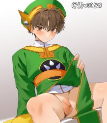1boy artist_name blush brown_eyes brown_hair cardcaptor_sakura chinese_clothes commentary dianzi flaccid g1_(jjw00123) green_hat green_robe grey_background hat li_syaoran male_focus paid_reward_available parted_lips penis presenting_penis robe simple_background sitting solo testicles thighs twitter_username