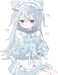 Rule 34 | 1girl, :&lt;, animal ears, apron, bandaid, bandaid hair ornament, black eyes, blue jacket, blue ribbon, cat ears, character request, closed mouth, controller, copyright request, fish hair ornament, frilled apron, frills, frown, game controller, grey cat, grey hair, hair between eyes, hair ornament, highres, holding, holding controller, holding game controller, iro iro iroo, jacket, jersey maid, long hair, long sleeves, looking at viewer, maid, maid headdress, neck ribbon, paw print, pom pom (clothes), pom pom hair ornament, ribbon, sad, sidelocks, simple background, sitting, sleeves past fingers, sleeves past wrists, solo, teardrop, tearing up, two side up, unconventional maid, white apron, white background