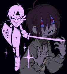 1other baesongwanryo black_background blade_to_throat brown_hair commentary_request deltarune green_shirt highres holding holding_shield holding_sword holding_weapon korean_commentary kris_(dark_world)_(deltarune) kris_(deltarune) long_sleeves looking_at_viewer multiple_views open_mouth other_focus red_eyes saliva shield shirt short_hair sweat sword weapon