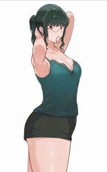 Rule 34 | 1girl, adjusting hair, anosillus ii, armpits, arms behind head, black hair, black shorts, braid, breasts, brown eyes, camisole, cleavage, crown braid, earrings, from side, glasses, green-framed eyewear, gridman universe, gridman universe (movie), hair tie in mouth, highres, jewelry, medium breasts, medium hair, mouth hold, ponytail, shee-p (inemurisheep113), short shorts, shorts, sidelocks, solo, ssss.dynazenon, standing, thick thighs, thighs, white background