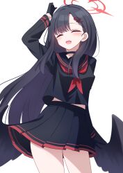 Rule 34 | 1girl, absurdres, black choker, black gloves, black hair, black sailor collar, black serafuku, black skirt, black wings, blue archive, choker, closed eyes, gloves, hair ornament, hairclip, halo, hand up, highres, ichika (blue archive), kabocya na, long hair, long sleeves, low wings, midriff peek, neckerchief, pleated skirt, red neckerchief, sailor collar, school uniform, serafuku, simple background, skirt, smile, solo, white background, wings