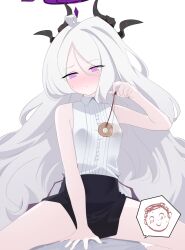 Rule 34 | 1boy, 1girl, afterimage, ahoge, armpit crease, black horns, black skirt, blush, breasts, closed mouth, collared shirt, commentary, doodle sensei (blue archive), english commentary, engrish commentary, fluffy hair, girl on top, hair between eyes, halo, hand up, highres, hina (blue archive), horns, hypnosis, long hair, looking at viewer, mind control, miniskirt, nauvvii, nose blush, out of frame, pencil skirt, purple eyes, purple halo, sensei (blue archive), shirt, shirt tucked in, simple background, skirt, sleeveless, sleeveless shirt, small breasts, solo focus, speech bubble, spoken character, straddling, sweatdrop, very long hair, white background, white hair, white shirt