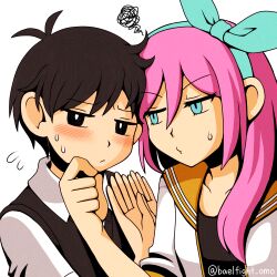 Rule 34 | 1boy, 1girl, antenna hair, aqua eyes, aqua hairband, aubrey (faraway) (omori), aubrey (omori), black eyes, black hair, black shirt, black sweater vest, blush, bow hairband, bright pupils, closed mouth, collarbone, collared shirt, commentary request, double-parted bangs, film grain, flying sweatdrops, forehead-to-forehead, hair behind ear, hair between eyes, hair over shoulder, hairband, hand on another&#039;s chin, heads together, hetero, jacket, long hair, looking at another, looking at viewer, miya (baelfight), no sclera, omori, open clothes, open jacket, orange sailor collar, pout, sailor collar, shirt, short hair, short sleeves, simple background, squiggle, sunny (omori), sweat, sweater vest, upper body, very short hair, white background, white jacket, white pupils, white shirt
