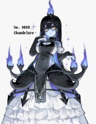 1girl :o black_bridal_gauntlets black_hair black_nails blue_fire blue_skin breasts bridal_gauntlets chandelure character_name cleavage_cutout clothing_cutout colored_skin colored_tongue covered_navel fire gen_5_pokemon glasses highres large_breasts long_hair looking_at_another nintendo personification pokedex_number pokemon round_eyewear simple_background solo togetoge white_background yellow_eyes
