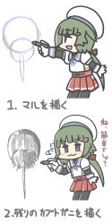 Rule 34 | 1girl, absurdres, black pantyhose, blue sailor collar, commentary request, ferret-san, gloves, green hair, hat, highres, horseshoe crab, how to draw an owl (meme), kantai collection, layered sleeves, long hair, long sleeves, looking at viewer, low ponytail, meme, multiple views, noumi (kancolle), pantyhose, partially translated, pencil, pleated skirt, ponytail, purple eyes, red skirt, revision, sailor collar, sailor hat, sailor shirt, school uniform, serafuku, shirt, short over long sleeves, short sleeves, skirt, translation request, white gloves, white hat, white shirt