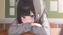 Rule 34 | 1girl, absurdres, ahoge, black hair, blue eyes, blunt bangs, blurry, blurry background, blush, chair, classroom, crossed arms, depth of field, desk, hair ornament, hairclip, head rest, highres, indie virtual youtuber, indoors, long sleeves, looking at viewer, mang nae (vtuber), n4 h4m, school desk, sitting, solo, table, virtual youtuber