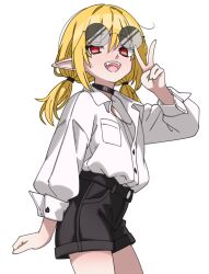 1girl :d absurdres arm_at_side baggy_clothes black_choker black_shorts blonde_hair breast_pocket choker commentary cowboy_shot denim denim_shorts dress_shirt english_commentary fangs ghuler hair_between_eyes hand_up high-waist_shorts highres long_hair long_sleeves looking_at_viewer low_twintails no_pupils open_mouth original partially_unbuttoned pocket pointy_ears puffy_long_sleeves puffy_sleeves red_eyes shirt shirt_tucked_in shorts sidelocks smile solo teeth twintails upper_teeth_only v white_background white_shirt