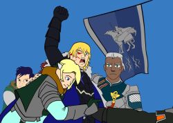 1girl 2024_attempted_assassination_of_donald_trump 5boys armor blonde_hair blood blood_on_face blue_eyes blue_hair dedue_molinaro dimitri_alexandre_blaiddyd felix_hugo_fraldarius fire_emblem fire_emblem:_three_houses flag gilbert_pronislav ingrid_brandl_galatea missing_eye multiple_boys nintendo open_mouth pin_clock raised_fist red_eyes red_hair sylvain_jose_gautier white_hair