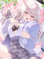 1girl black_bra black_skirt blush bra breasts grey_hair highres holding holding_stuffed_toy long_hair looking_at_viewer medium_breasts navy_(navy.blue) open_clothes open_mouth open_shirt original plaid_clothes plaid_skirt pleated_skirt red_eyes school_uniform shirt skirt smile solo stuffed_toy underwear white_shirt