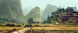 Rule 34 | 108 demon kings, 2others, architecture, building, bush, day, east asian architecture, field, grass, highres, holding, holding staff, juliengeorgel, landscape, mountainous horizon, multiple others, nature, original, outdoors, plant, road, scenery, silhouette, sky, staff, standing, tree, very wide shot, wide shot