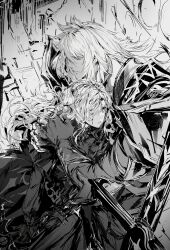 Rule 34 | 1boy, 1girl, absurdres, armor, blood, blood on face, closed eyes, dress, fate/grand order, fate (series), greyscale, highres, hug, husband and wife, kriemhild (fate), long hair, long sleeves, monochrome, rihuajiong, siegfried (fate), sword, weapon