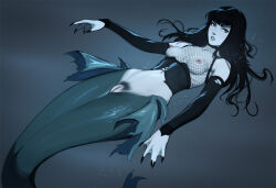 1girl bare_shoulders black_hair black_nails black_pubic_hair blue_eyes breasts collarbone commentary corset detached_sleeves english_commentary female_pubic_hair fingernails fishnet_top fishnets goth_fashion grey_lips hair_spread_out highres long_fingernails long_hair long_sleeves looking_at_viewer medium_breasts mermaid monster_girl navel nipples original parted_lips pubic_hair pussy sharp_fingernails solo tarakanovich uncensored webbed_hands