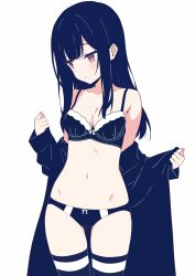 1girl absurdres black_bra black_coat black_hair black_panties black_thighhighs blush bow bow_bra bow_panties bra breasts cleavage coat commentary_request cowboy_shot facing_viewer gluteal_fold highres long_hair long_sleeves looking_down medium_breasts navel original panties purple_eyes shinomi_(pixiv45311197) simple_background solo standing thighhighs underwear undressing white_background