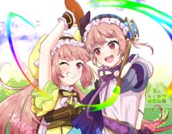 2girls atelier_(series) atelier_lydie_&amp;_suelle commentary_request eyelashes holding holding_paintbrush long_hair lydie_malen multiple_girls one_eye_closed open_mouth paintbrush pink_hair purple_ribbon red_eyes ribbon siblings sisters smile snowstar standing suelle_malen teeth twins upper_teeth_only watermark
