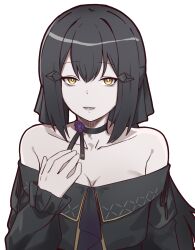 Rule 34 | 1girl, absurdres, bare shoulders, black choker, black dress, black hair, breasts, choker, cleavage, collarbone, dandelion (girls&#039; frontline), dated commentary, dress, girls&#039; frontline, girls&#039; frontline 2: exilium, hair between eyes, highres, light smile, long hair, long sleeves, looking at viewer, loveu, parted lips, simple background, solo, upper body, white background, yellow eyes