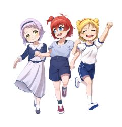 3girls absurdres aged_down aisle_(idolmaster) arm_up black_hairband black_socks blonde_hair blue_eyes blue_shorts closed_eyes closed_mouth double_bun dress full_body hair_bun hairband highres holding_hands ibuki_tsubasa idolmaster idolmaster_million_live! idolmaster_million_live!_theater_days jonero99 julia_(idolmaster) locked_arms looking_at_another makabe_mizuki multiple_girls official_alternate_hairstyle one_side_up open_mouth purple_hair red_hair red_hairband running shirt shoes short_hair short_sleeves shorts simple_background smile socks standing teeth upper_teeth_only white_background white_shirt white_socks yellow_eyes
