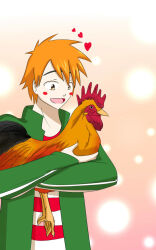 Rule 34 | 1boy, animal, bird, blizzarddemon, blush, carrying, cartoon network, chicken, ed (ed edd n eddy), ed edd n eddy, green jacket, happy, heart, holding, jacket, male focus, open mouth, orange hair, shirt, simple background, solo, solo focus, striped clothes, striped shirt, unibrow