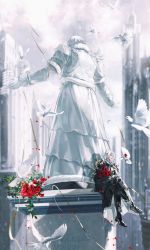 1boy absurdres anthonykaen armor bird black_boots black_capelet black_gloves black_robe blurry blurry_background boots bouquet building capelet chinese_commentary city claw_ring cloud cloudy_sky coat commentary_request crossed_legs day dove dual_persona emet-selch epaulettes falling_petals film_grain final_fantasy final_fantasy_xiv flock flower from_side garlean gloves grey_sky highres holding holding_bouquet hood hood_down hooded_capelet leaf long_sleeves male_focus monument outdoors outstretched_arms parted_lips pauldrons petals realistic red_flower red_rose ribbon robe rose scenery shadow short_hair shoulder_armor sitting sky solo spiked_pauldrons statue thigh_boots white_bird white_hair wide_shot yellow_eyes