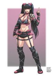 1girl abs absurdres arm_tattoo artist_name belt black_belt black_boots black_hair black_lips black_shorts blunt_ends boots breasts cirenk full_body highres midriff original pointing pointing_up red_eyes shorts smile solo tagme tattoo thigh_strap twintails