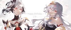 Rule 34 | 2girls, birthday, black choker, black gloves, black hair, black nails, chinese clothes, choker, dated, diamond-shaped pupils, diamond (shape), fingerless gloves, fu hua, fu hua (crane of taixuan), fu hua (fenghuang of vicissitude), fu hua (garuda), herrscher of sentience, gloves, grey hair, hair between eyes, happy birthday, haruka (rsyaooooo), highres, honkai (series), honkai impact 3rd, long hair, multicolored hair, multiple girls, ponytail, red eyes, smile, streaked hair, symbol-shaped pupils, two-tone hair, white hair, zoom layer