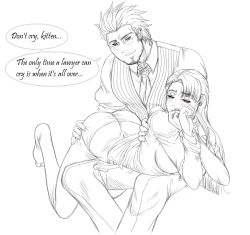 1boy 1girl ace_attorney ass blush capcom couple diego_armando english_text godot_(ace_attorney) hetero mia_fey phoenix_wright:_ace_attorney_-_trials_and_tribulations pritzchan spanked spot_color