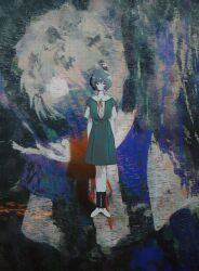 1girl abstract_background arms_behind_back ayanami_rei black_socks blue_hair character_background closed_mouth distortion expressionless floating full_body halo highres hj_hikari0606 necktie neon_genesis_evangelion painterly red_eyes red_necktie school_uniform shoes short_hair skirt socks straight-on suspender_skirt suspenders tokyo-3_middle_school_uniform white_shoes