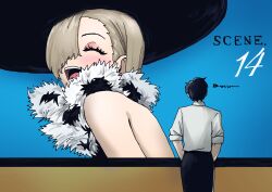 Rule 34 | 1boy, 1girl, absurdres, asuna (blue archive), bare back, bare shoulders, black hair, black hat, black pants, blonde hair, blue archive, blush, closed eyes, coat, fur coat, hair over one eye, hat, highres, kai xin, long hair, nude, open mouth, pants, sensei (blue archive), sensei (blue archive the animation), shirt, short hair, sleeves rolled up, smile, sun hat, very long hair, white shirt