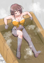 1girl ahoge akashieru barefoot bath bathing bathtub bikini blush braid breasts brown_hair chougei_(kancolle) chougei_(swimsuit)_(kancolle) cleavage closed_eyes commentary_request food_print front-tie_bikini_top front-tie_top hair_ornament hair_rings highres kantai_collection large_breasts long_hair official_alternate_costume open_mouth orange_bikini print_bikini sitting smile solo steam swimsuit twin_braids water