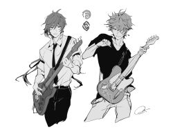 Rule 34 | 004s 4, 2boys, alternate costume, contemporary, genshin impact, geo (genshin impact), greyscale, guitar, hydro symbol (genshin impact), image sample, instrument, monochrome, multiple boys, pixiv, pixiv sample, tartaglia (genshin impact), white background, zhongli (genshin impact)