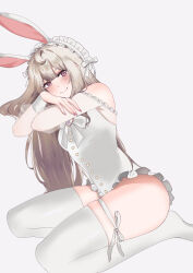 Rule 34 | 1girl, absurdres, ahoge, animal ears, armpit crease, blush, bonnet, breasts, fake animal ears, frilled bonnet, frills, grey hair, highres, long hair, looking at viewer, mpinfandom, nijisanji, nijisanji en, pink nails, purple eyes, rabbit ears, reimu endou, see-through clothes, see-through sleeves, seiza, simple background, sitting, small breasts, smile, solo, thigh strap, thighhighs, virtual youtuber, white thighhighs
