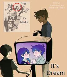 Rule 34 | 2boys, antenna hair, arrow (symbol), backlighting, black hair, black sweater vest, blue shirt, bright pupils, brown eyes, brown hair, chromatic aberration, closed mouth, dark-skinned male, dark skin, english text, feet out of frame, film grain, hair behind ear, hashtag-only commentary, hero (faraway) (omori), hero (headspace) (omori), hero (omori), instagram logo, instagram username, looking ahead, mari (headspace) (omori), mari (omori), maromichan, multiple boys, omori, orange background, profile, shirt, short hair, short sleeves, simple background, smile, standing, sunny (omori), sweater vest, twitter username, upper body, very short hair, white pupils, white shirt